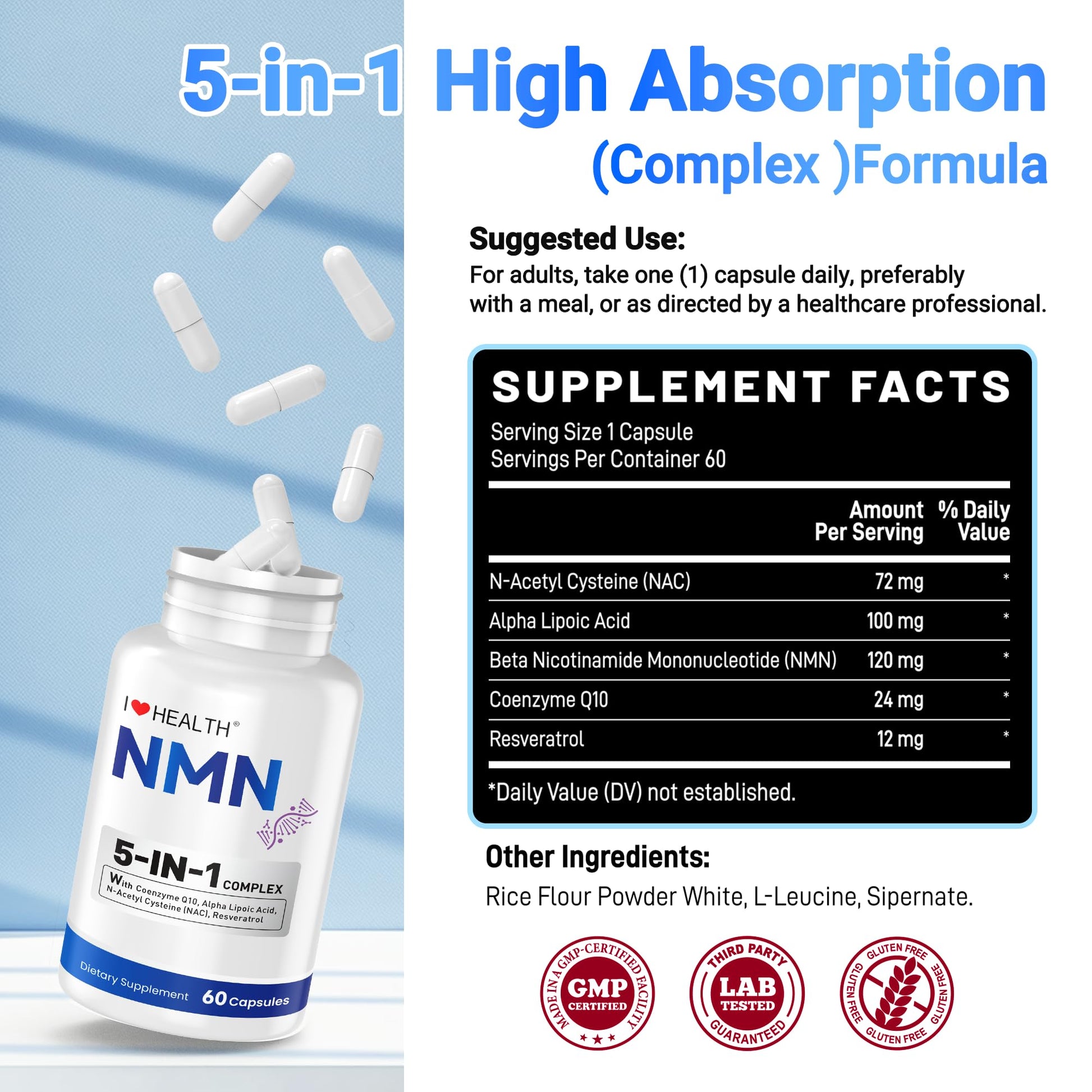 I LOVE HEALTH NMN Supplement, 5-in-1 Complex with NAC, Alpha Lipoic Acid, CoQ10 & Resveratrol - High Absorption Anti Aging Formula - Third Party Tested, cGMP, Gluten Free - 60 Capsules I LOVE HEALTHBuy Supplements Australia