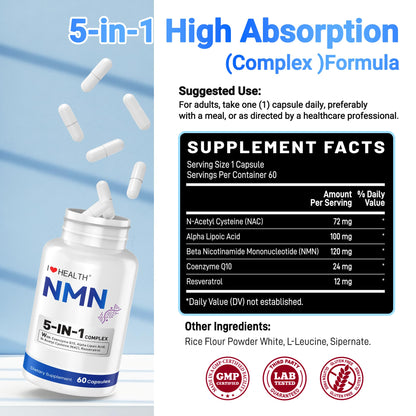 I LOVE HEALTH NMN Supplement, 5-in-1 Complex with NAC, Alpha Lipoic Acid, CoQ10 & Resveratrol - High Absorption Anti Aging Formula - Third Party Tested, cGMP, Gluten Free - 60 Capsules I LOVE HEALTHBuy Supplements Australia