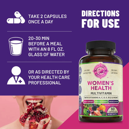 Womens Daily Multivitamins & Multimineral Supplement for Energy, Mood, Focus, Hair WHOLE WORLD WELLNESS
