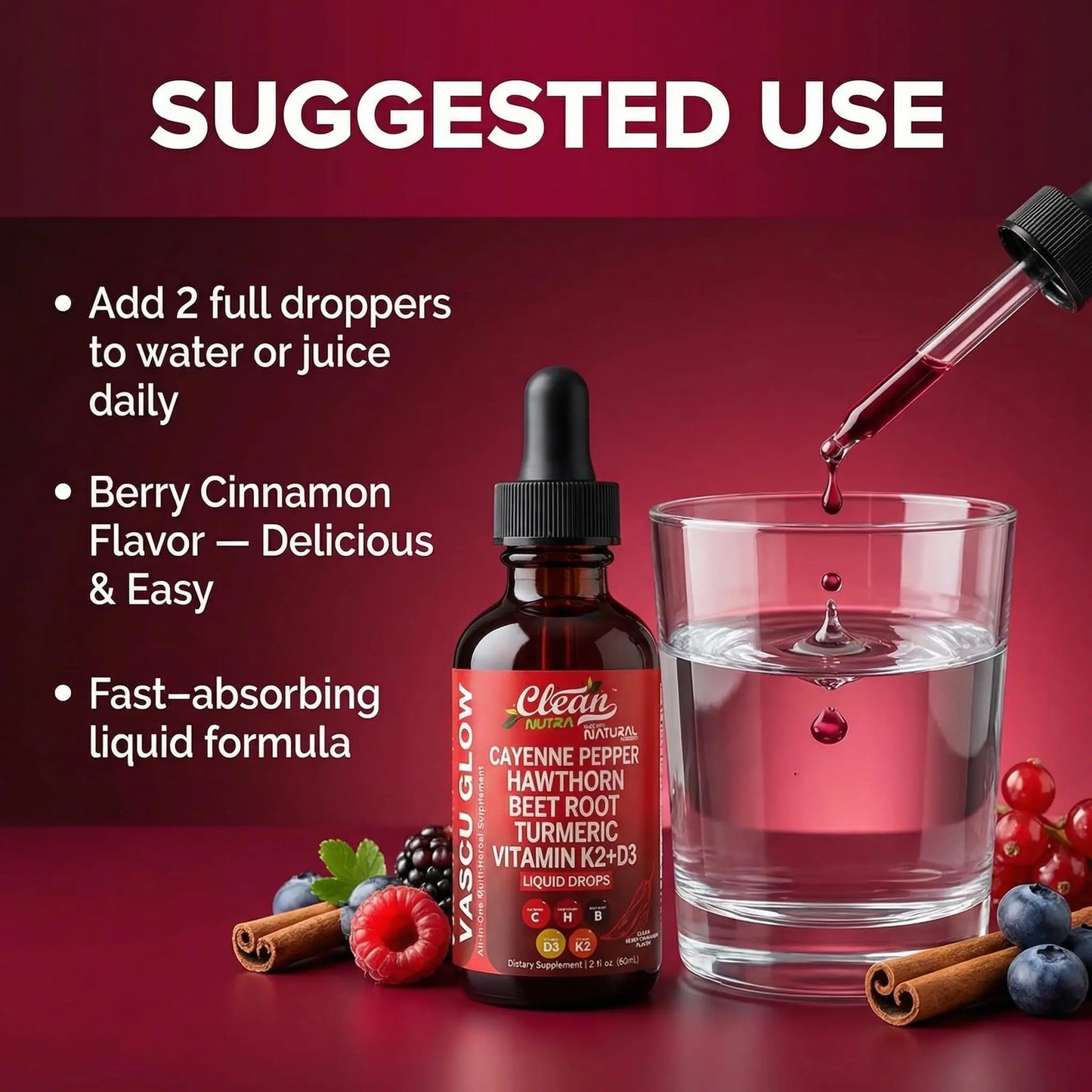 Clean Nutra Cayenne Pepper Drops Supplement Liquid + Hawthorn Berry, Vitamin D3 K2 Beet Root Powder, Ceylon Cinnamon, Turmeric Curcumin Clean Nutraceuticals