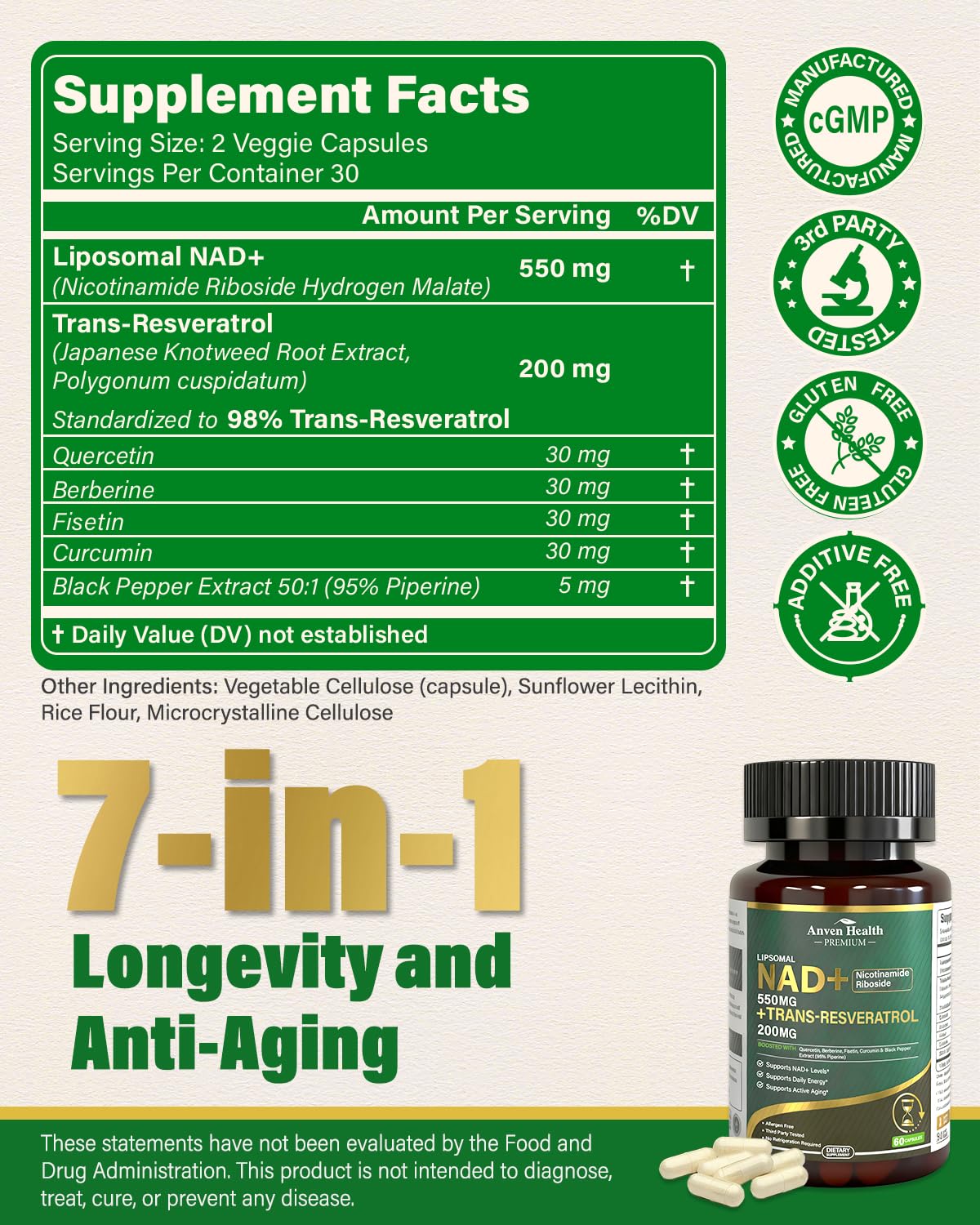 Liposomal NAD+ Resveratrol Supplement - NMN Alternative with Trans-Resveratrol, Quercetin & Fisetin - NAD Plus Booting for Women and Men, Support Cellular Energy & Healthy Aging, Non-GMO | 60 Capsules Anven HealthBuy Supplements Australia