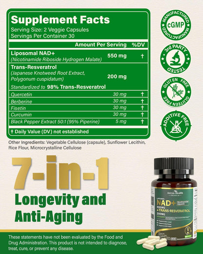 Anven Health Liposomal NAD+ Resveratrol Supplement - NMN Alternative with Trans-Resveratrol, Quercetin & Fisetin - NAD Plus for Women and Men, Cellular Energy & Healthy Aging, Non-GMO | 180 Capsules Anven HealthBuy Supplements Australia
