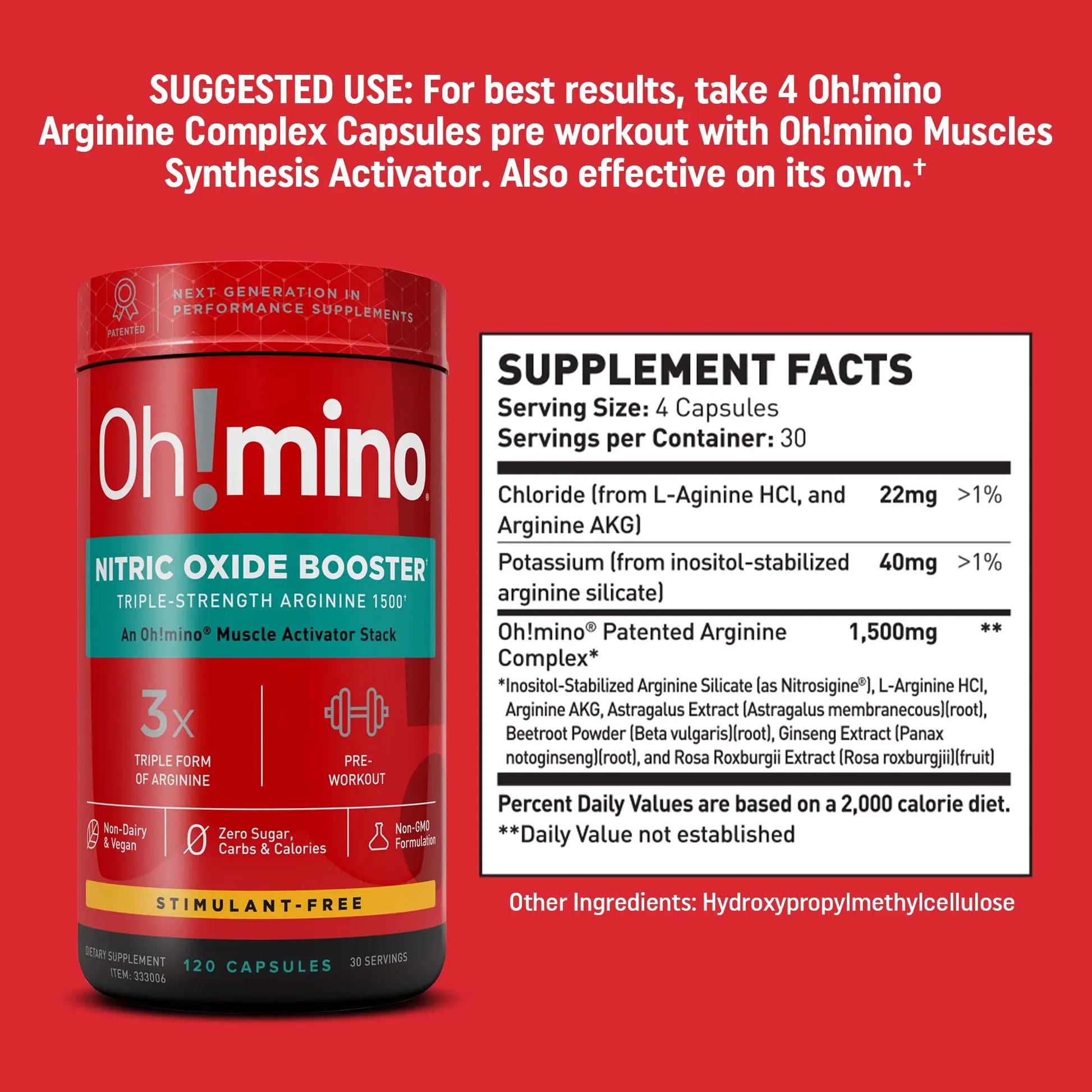 Oh!mino Nitric Oxide Supplement Activator Booster, Triple Strength L-Arginine for Energy Oh!mino