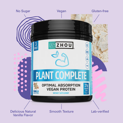 Zhou Nutrition Plant Based Vegan Protein Powder, Best Absorption Digest Score, Complete Zhou Nutrition