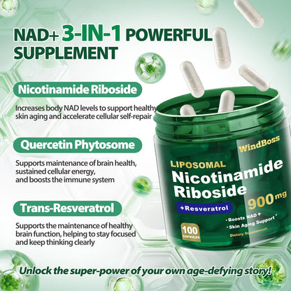 Windboss Liposomal NAD+ Supplement with Nicotinamide Riboside & Resveratrol, NAD Booster for Cellular Energy, Anti-Aging & Metabolism – NMN Alternative, NAD Supplement for Men & Women – 2pcs WindbossBuy Supplements Australia