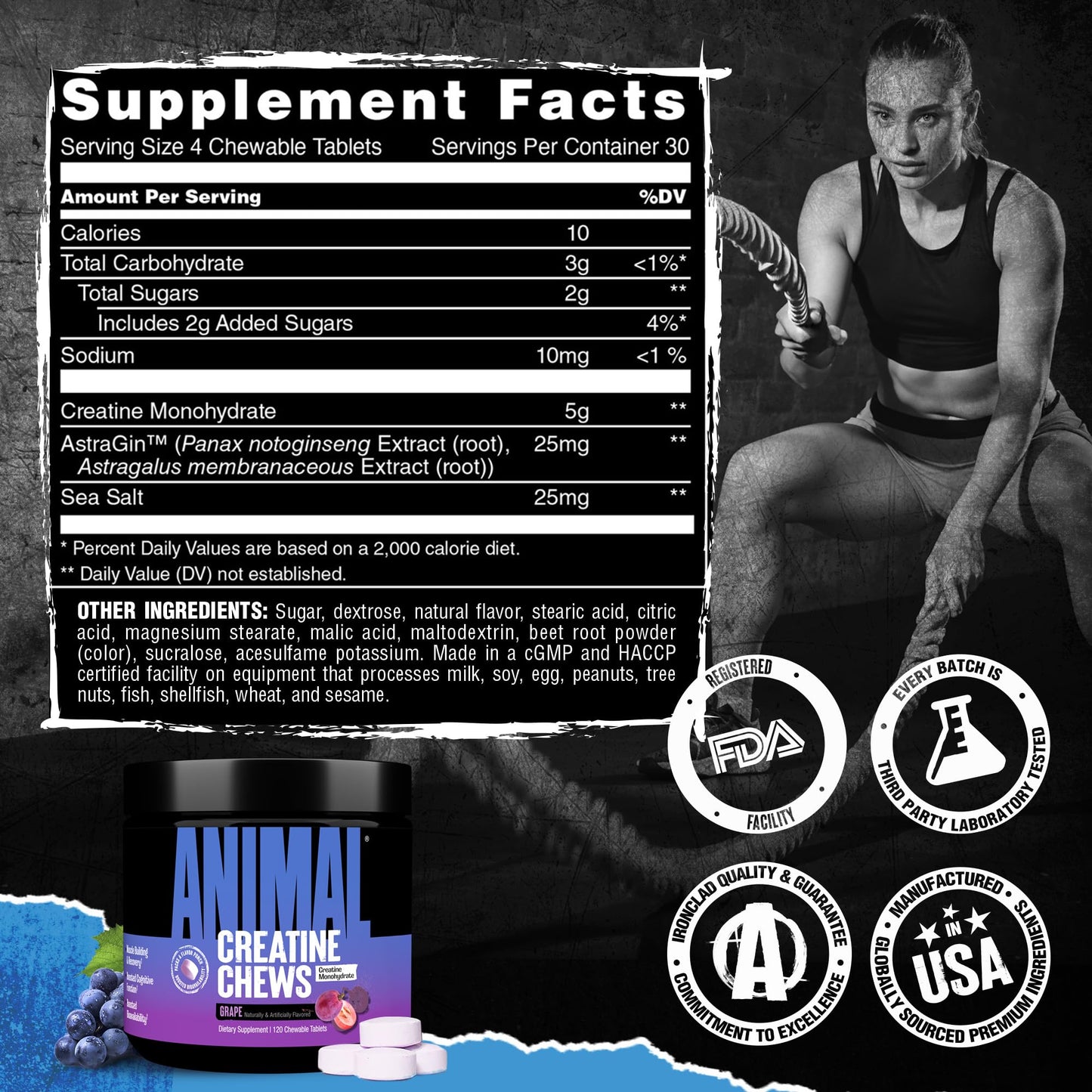 Animal Creatine Chews – 5g Creatine Monohydrate Tablets for Strength, Power & Training Recovery Support – Enhanced Absorption with AstraGin® – Convenient Chewable Format – 120 Tablets AnimalBuy Supplements Australia