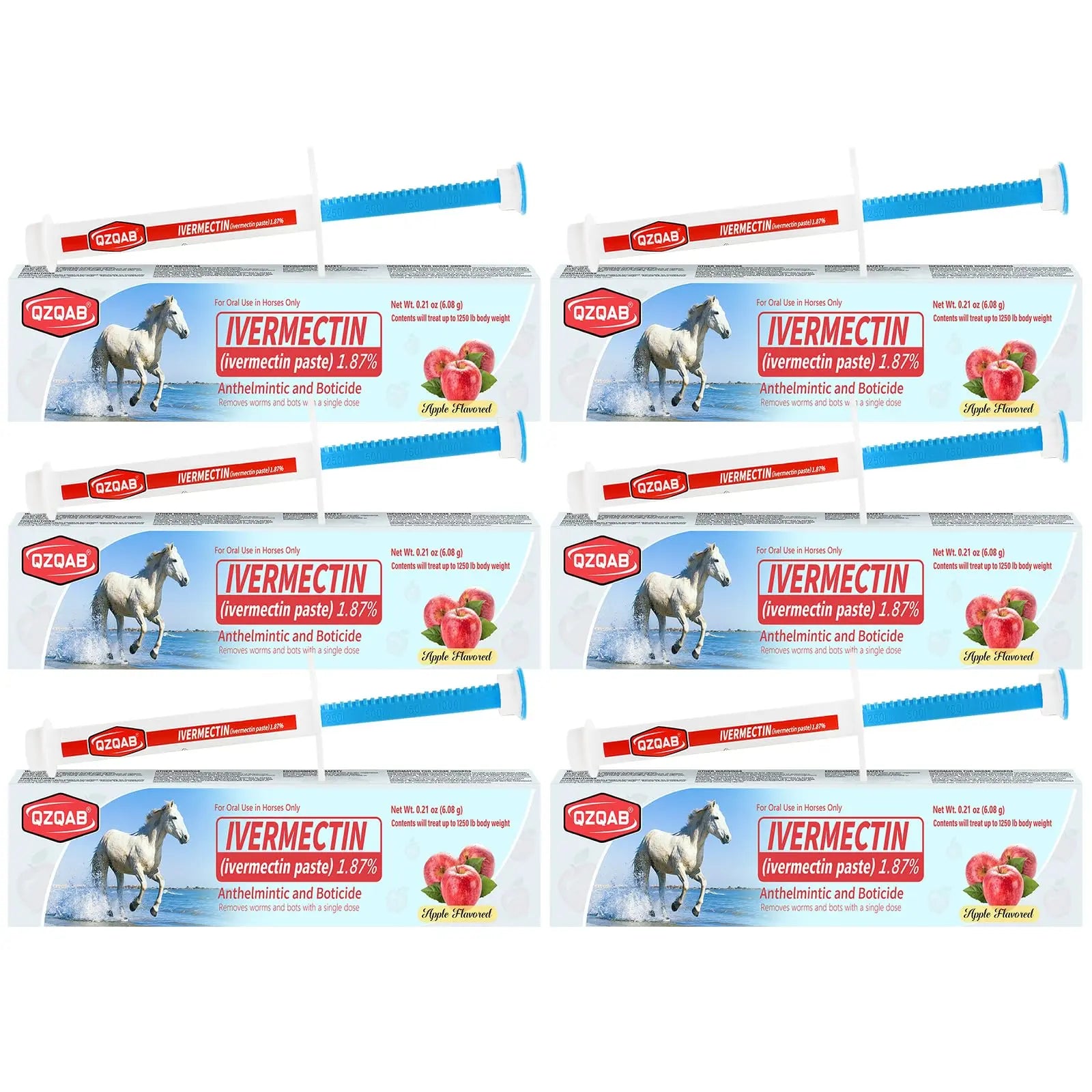 Multiple boxes of Ivermectin paste for horses on a white background