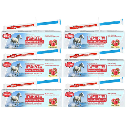Multiple boxes of Ivermectin paste for horses on a white background