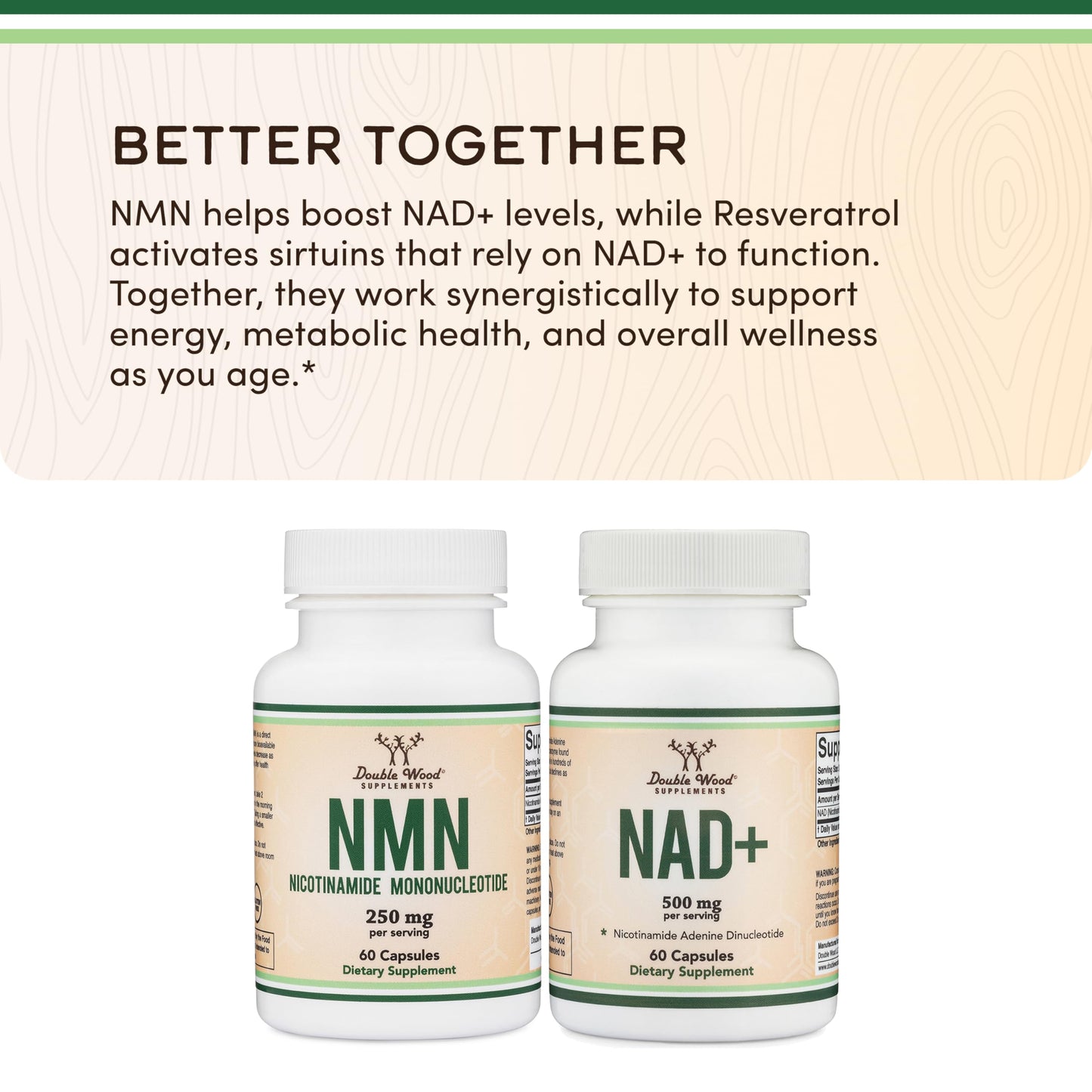 Double Wood Supplements NMN (Nicotinamide Mononucleotide) 250mg, 60 Capsules - 30 Servings, Gluten Free Double Wood SupplementsBuy Supplements Australia
