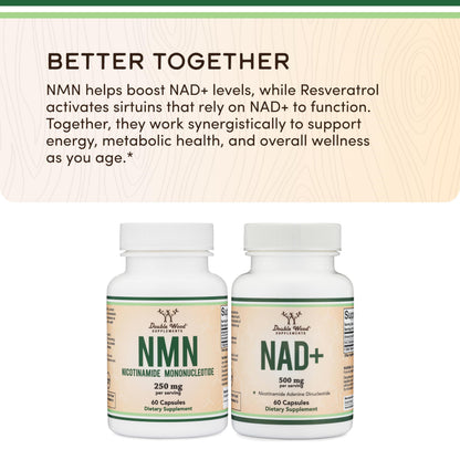 Double Wood Supplements NMN (Nicotinamide Mononucleotide) 250mg, 60 Capsules - 30 Servings, Gluten Free Double Wood SupplementsBuy Supplements Australia