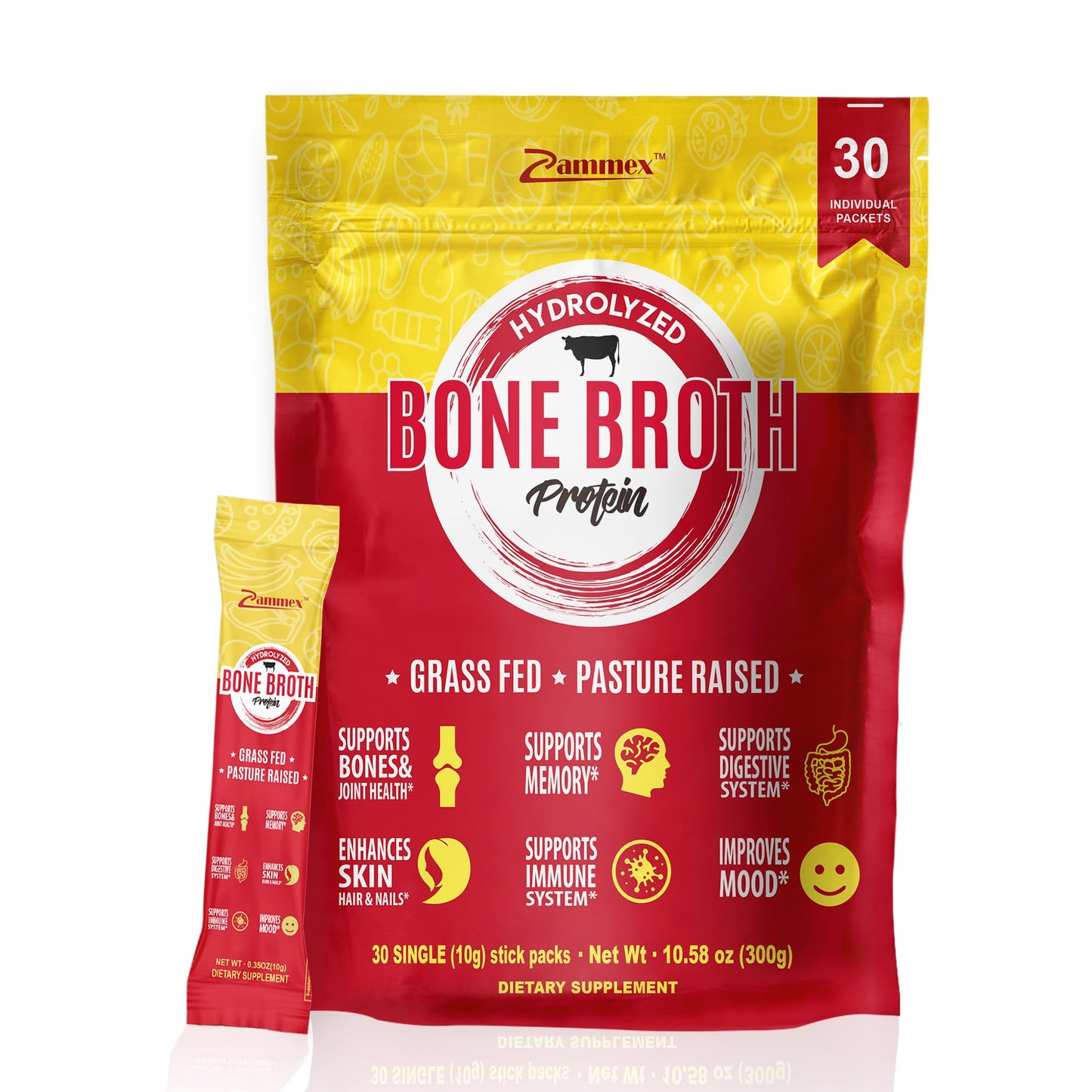Zammex Bone Broth Packets-20g Collagen Protein-Beef Bone Broth Powder to Go-30 Travel Zammex
