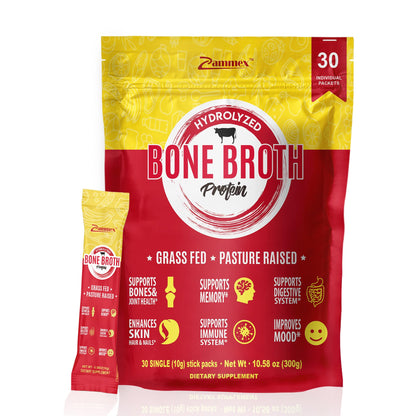 Zammex Bone Broth Packets-20g Collagen Protein-Beef Bone Broth Powder to Go-30 Travel Zammex
