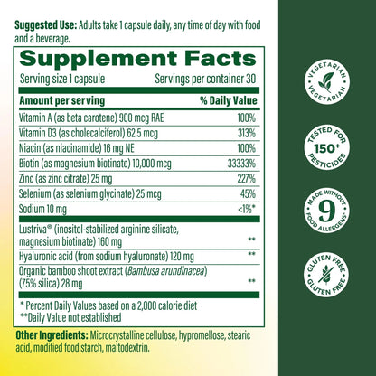 MegaFood Hair Growth – Clinically Studied Lustriva & Hyaluronic Acid - Biotin 10000mcg, Thicker & Fuller Existing Hair Growth Vitamins - 30 Vegetarian Capsules, 30 Servings MegaFood buy supplements Au
