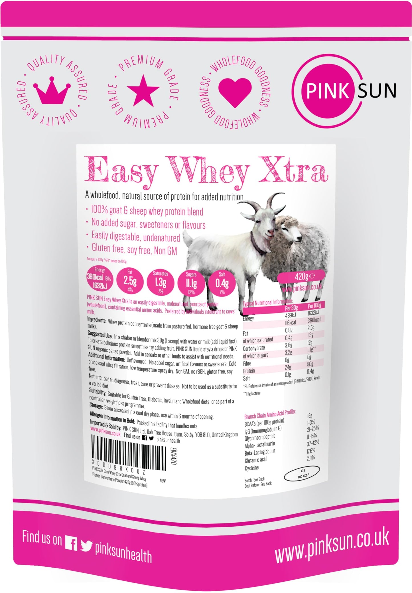 PINK SUN Goat Sheep Whey Protein Powder 420g (80% Protein) Pure Unflavoured Concentrate PINK SUN