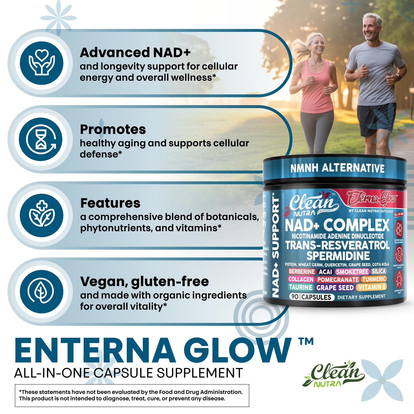 Clean NAD Supplement Resveratrol Liposomal NAD+ Spermidine Fisetin Wheat Germ Quercetin Grape Seed Extract Gotu Kola Berberine Astaxanthin Peptides for Women Energy 90 Capsules Clean NutraceuticalsBuy Supplements Australia