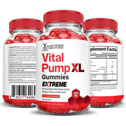 Three bottles of Justified Laboratories Vital Pump XL Gummies Extreme on a white background