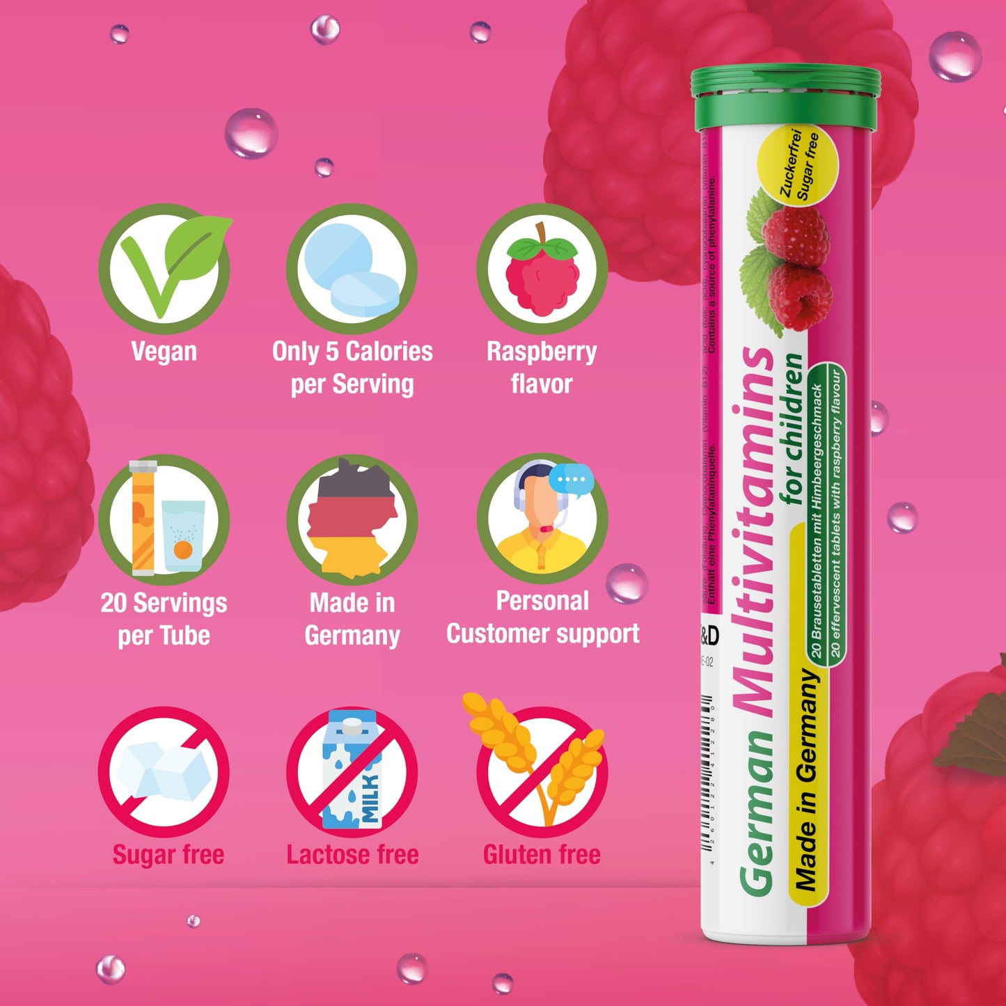 T&D German Multivitamin for Children 60 Drink Effervescent Tablets - Sweet Raspberry Flavour, Sugar Free, Vegan - Vitamin C, E, B1, B2, B6, B12 T&DBuy Supplements Australia