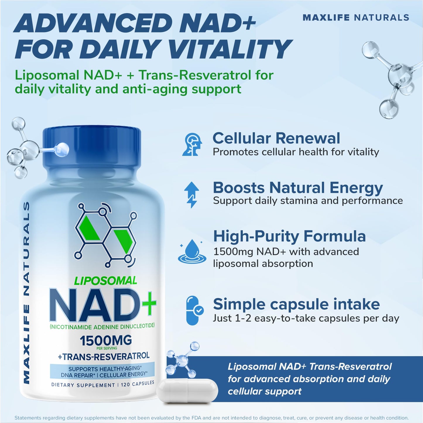 Liposomal NAD+ Trans-Resveratrol Supplement 1500mg - 120 Capsules - Liposomal NAD Supplements for Women and Men, High Purity-NAD Cell Regenerator, Cognitive & Anti Aging Supplement for Women & Men MAXLIFE NATURALSBuy Supplements Australia