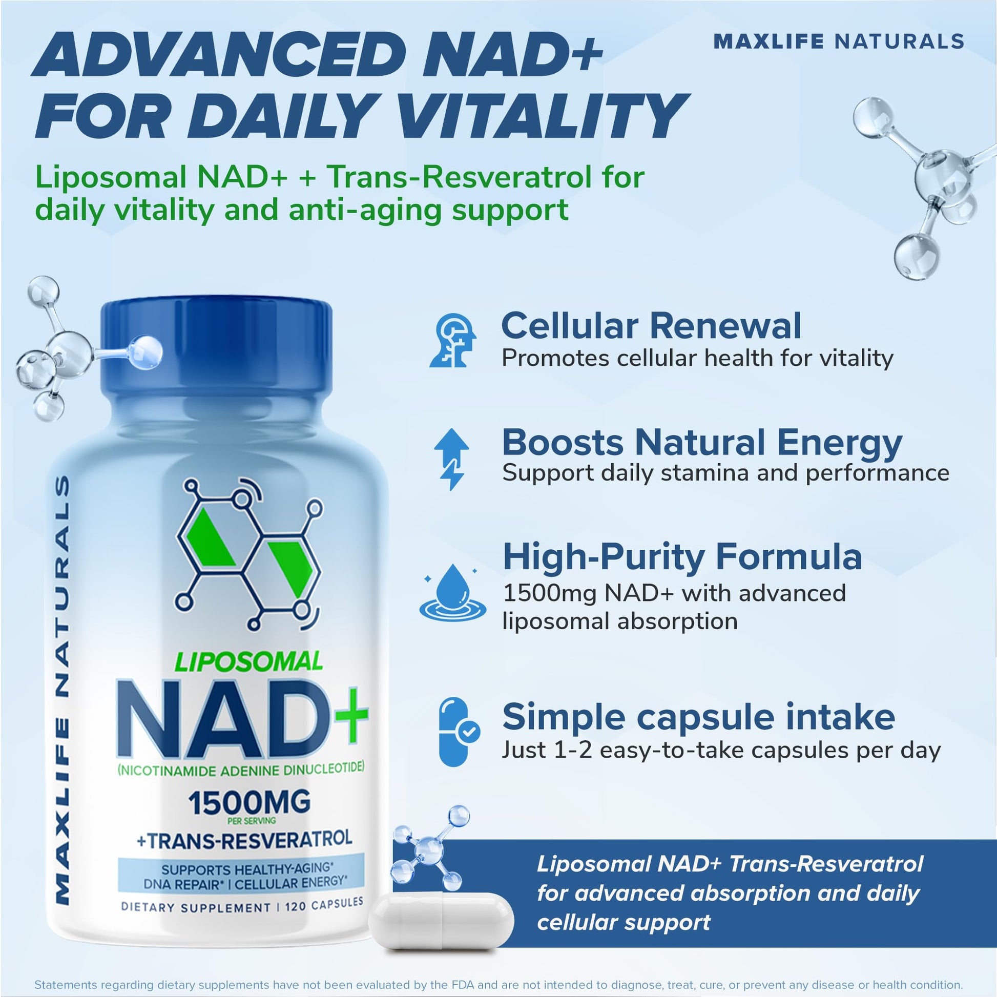 Liposomal NAD+ Trans-Resveratrol Supplement 1500mg - 120 Capsules - Liposomal NAD Supplements for Women and Men, High Purity-NAD Cell Regenerator, Cognitive & Anti Aging Supplement for Women & Men MAXLIFE NATURALSBuy Supplements Australia