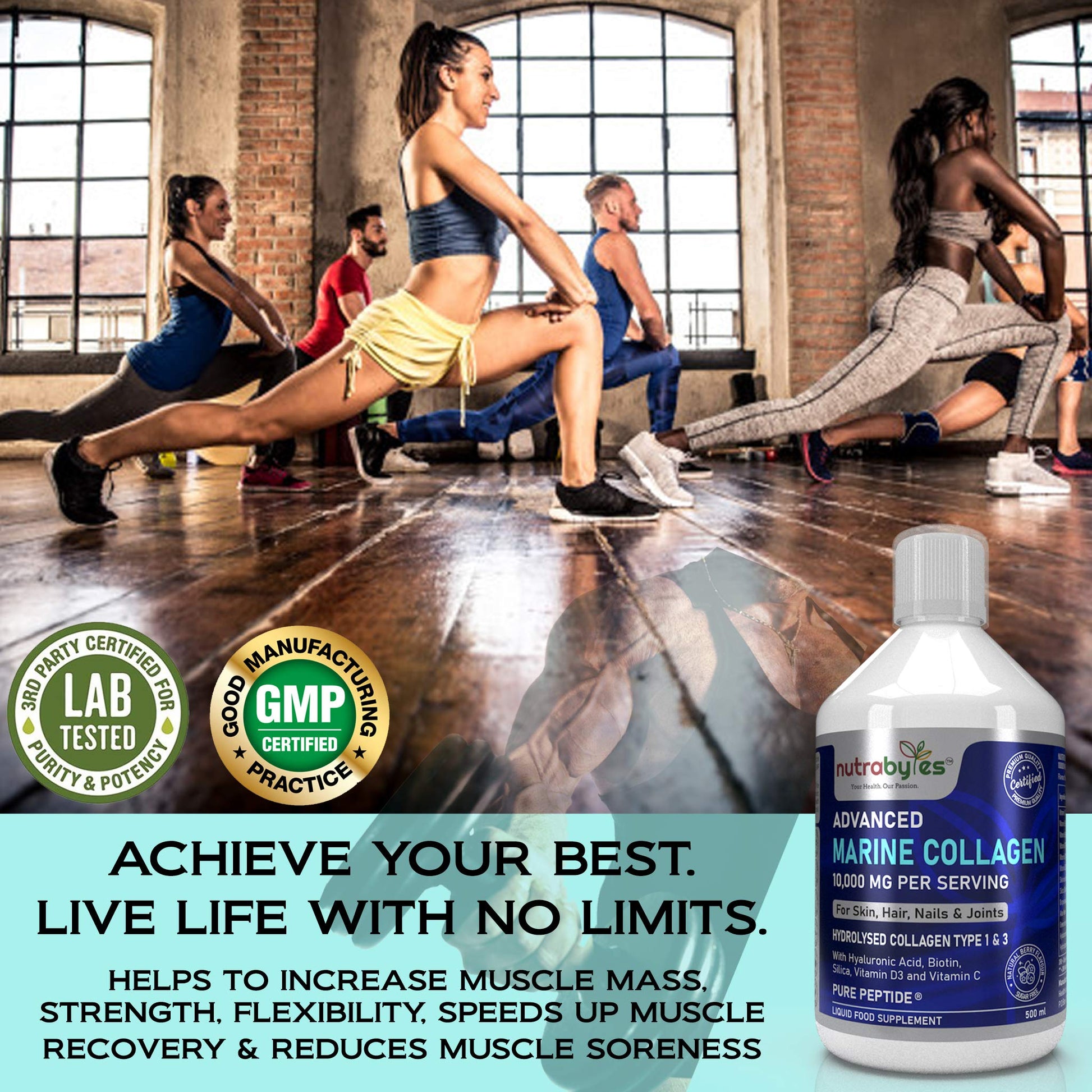 Marine Collagen Liquid 10000mg Sugar Free, Hydrolysed Peptides | Hyaluronic Acid, Biotin, Silica, Vitamin C, Vitamin D3 NUTRABYTESBuy Supplements Australia