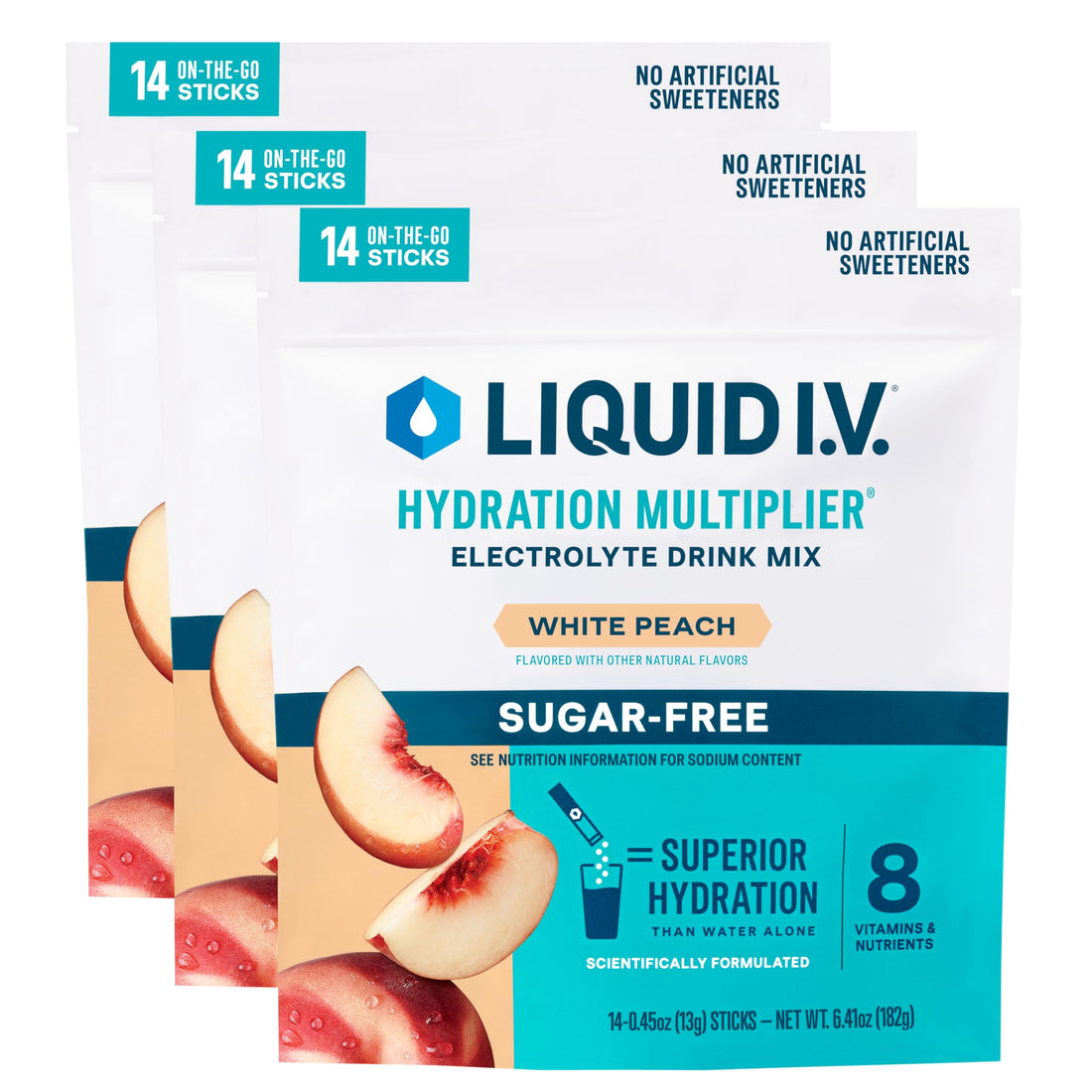 Liquid I.V.® Hydration Multiplier® Sugar-Free - White Peach - Hydration Powder Packets | Electrolyte Powder Drink Mix | Convenient Single-Serving Sticks | Non-GMO | 14 Servings (Pack of 3) Liquid I.V.Buy Supplements Australia