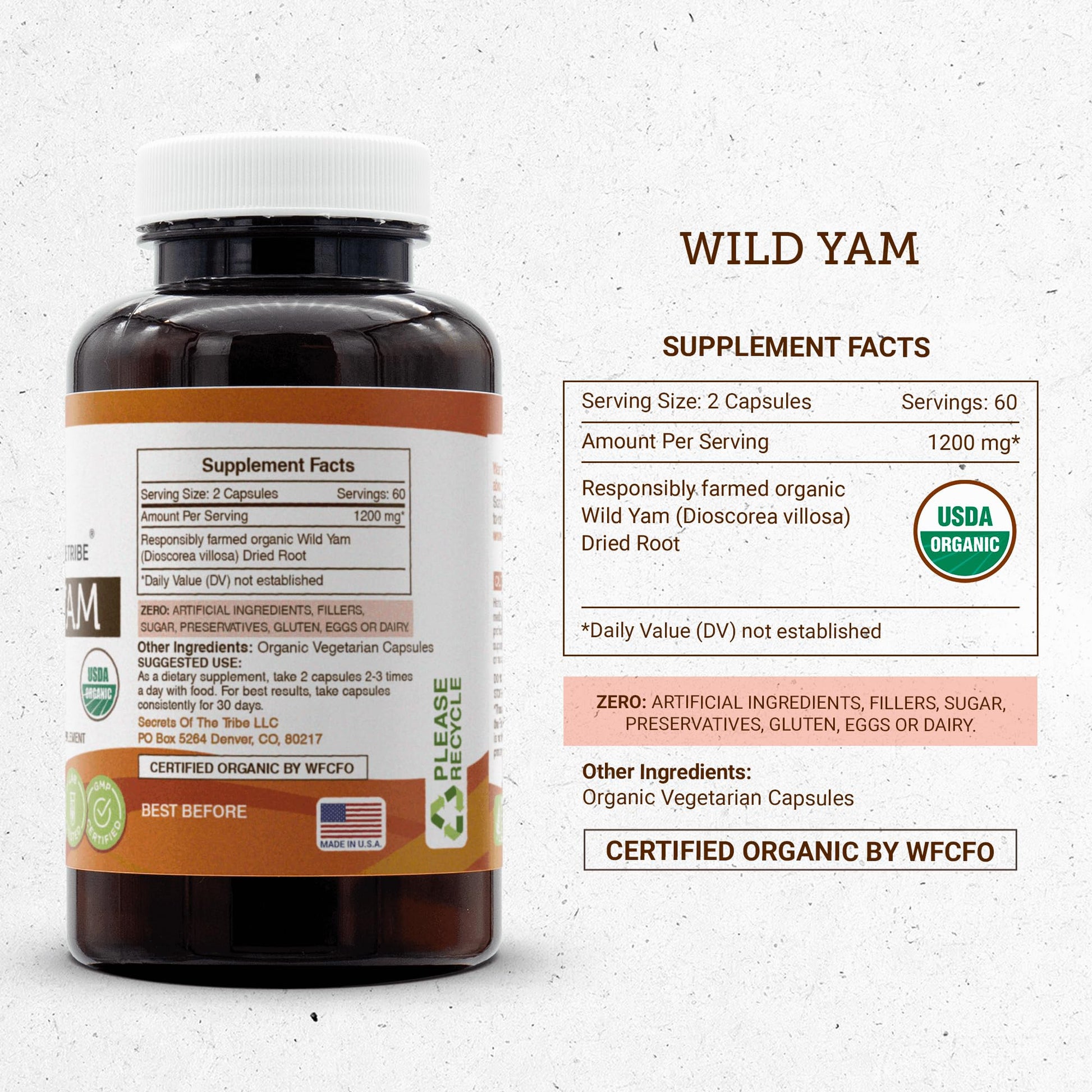 Secrets of the Tribe Wild Yam Capsules 1200 mg Responsibly farmed USDA Organic Wild Yam Secrets of the Tribe
