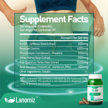 Lanomiz 14DAY Appetite & Craving Control Gut Health Complex Featuring Delayed-Release Probiotics & White Kidney Bean Extract 5-HTP