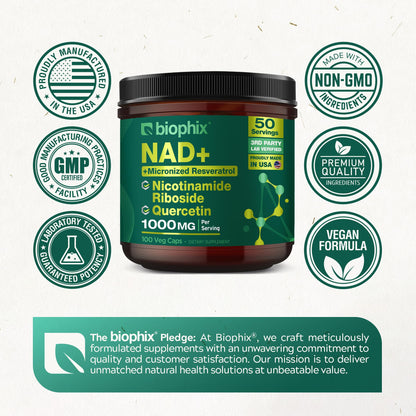 biophix NAD+ Liposomal Supplement for Women & Men - 1000 mg per Serving - Nicotinamide Riboside, Micronized Resveratrol & Quercetin Complex - 100 Veg Capsules - Non-GMO, Gluten-Free, cGMP Certified biophixBuy Supplements Australia