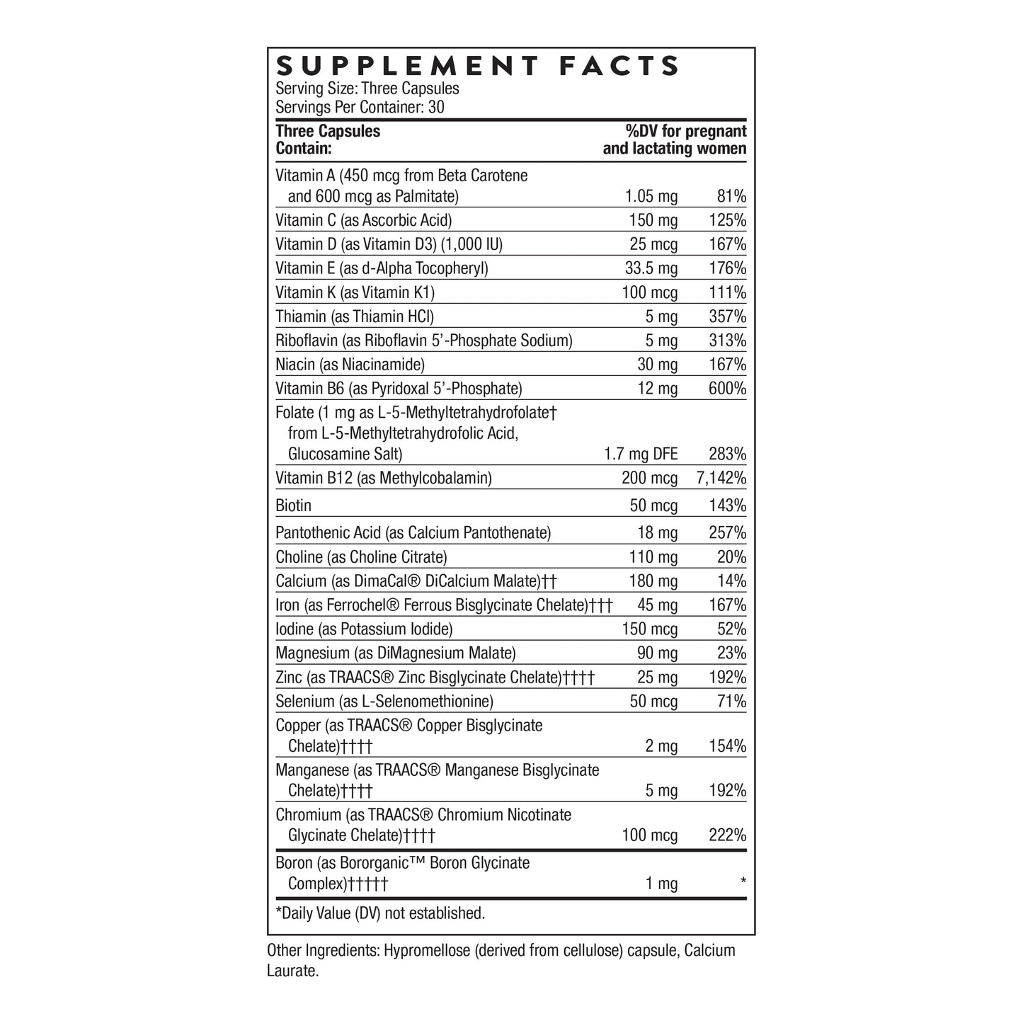 THORNE - Basic Prenatal - Well-Researched Folate Multi for Pregnant and Nursing Women Includes 18 Vitamins and Minerals, Plus Choline - Gluten, Dairy & Soy-Free - 90 Capsules - 30 Servings THORNEBuy Supplements Australia