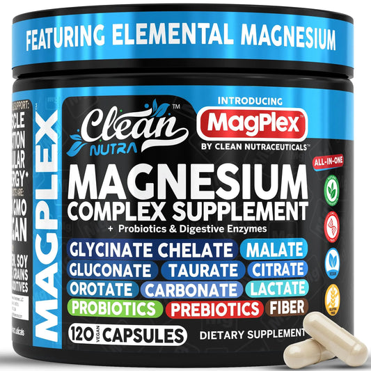 8in1 Magnesium Supplement Complex | Magnesium Glycinate Citrate Malate Gluconate Orotate Carbonate Lactate + Prebiotics Probiotics Digestive Enzymes Magnesio Clean Nutraceuticals