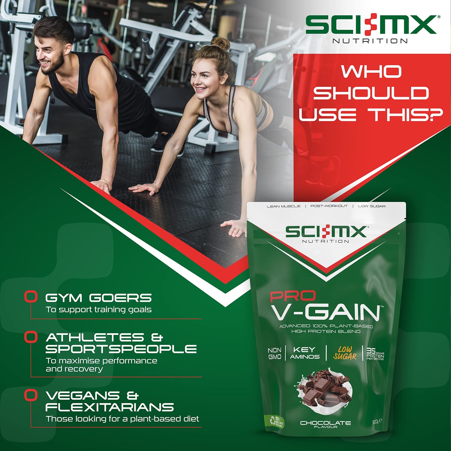 SCI-MX Pro V Gain 100% Plant Based Vegan Protein Formula With No Added Sugar - Chocolate Flavour - 900g - 20 SERVINGS SCI-MX