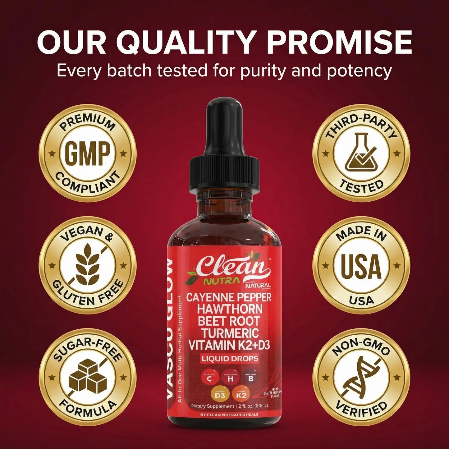 Clean Nutra Cayenne Pepper Drops Supplement Liquid + Hawthorn Berry, Vitamin D3 K2 Beet Root Powder, Ceylon Cinnamon, Turmeric Curcumin Clean Nutraceuticals