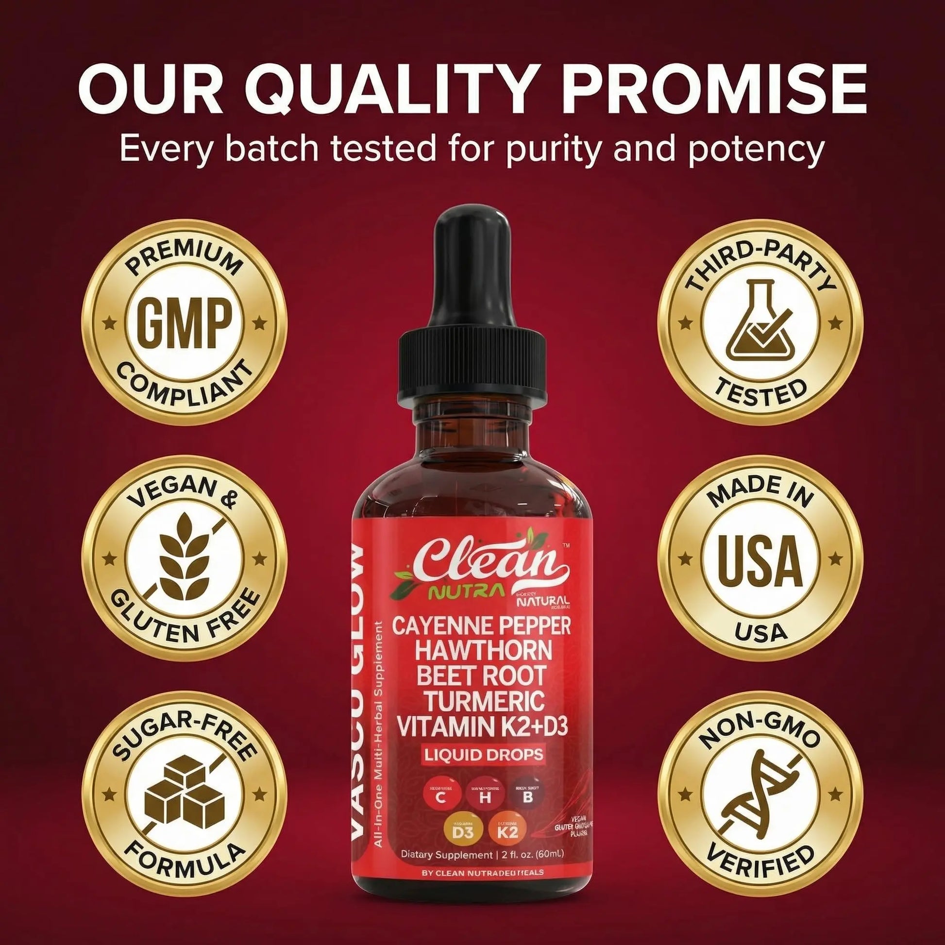 Clean Nutra Cayenne Pepper Drops Supplement Liquid + Hawthorn Berry, Vitamin D3 K2 Beet Root Powder, Ceylon Cinnamon, Turmeric Curcumin Clean Nutraceuticals