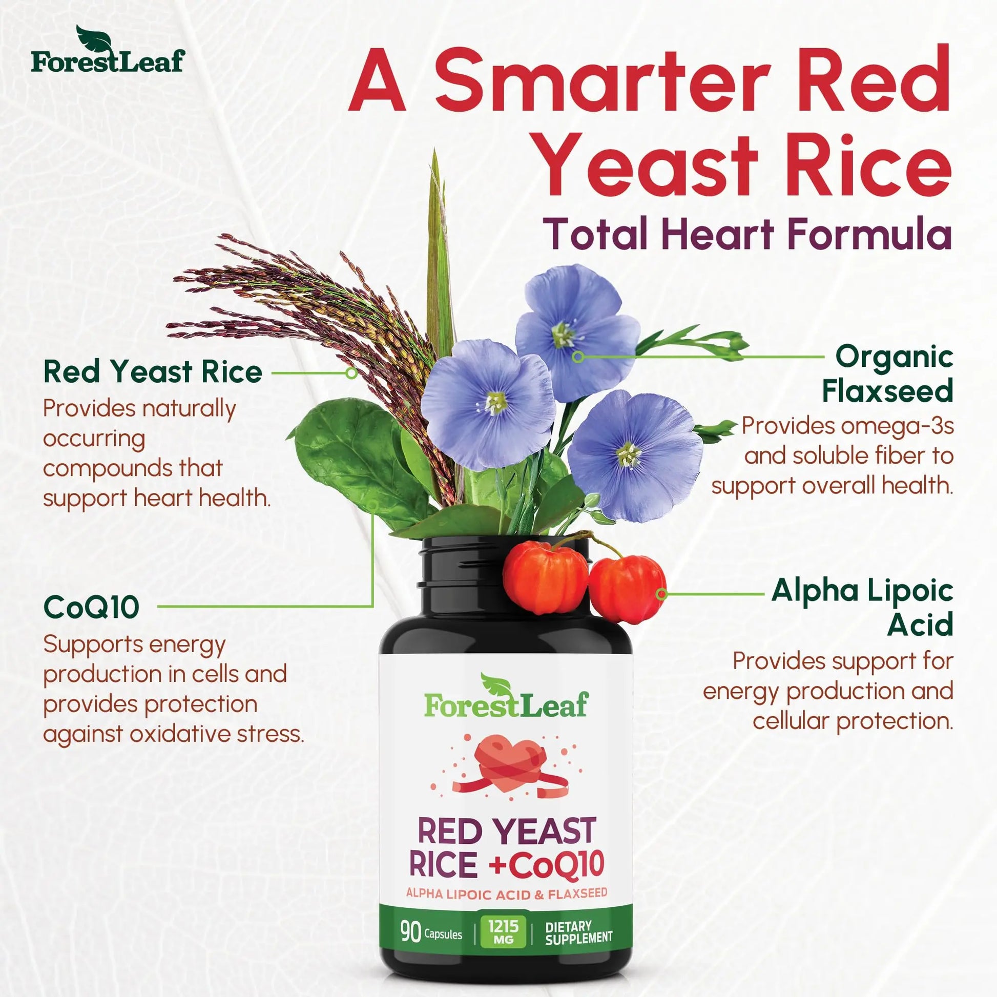 Red Yeast Rice 1215 mg. Capsules - Extra Strength Red Rice Yeast with CoQ10 Supplement, Plus Alpha Lipoic Acid & Organic Flaxseed, Citrinin Free, ForestLeaf