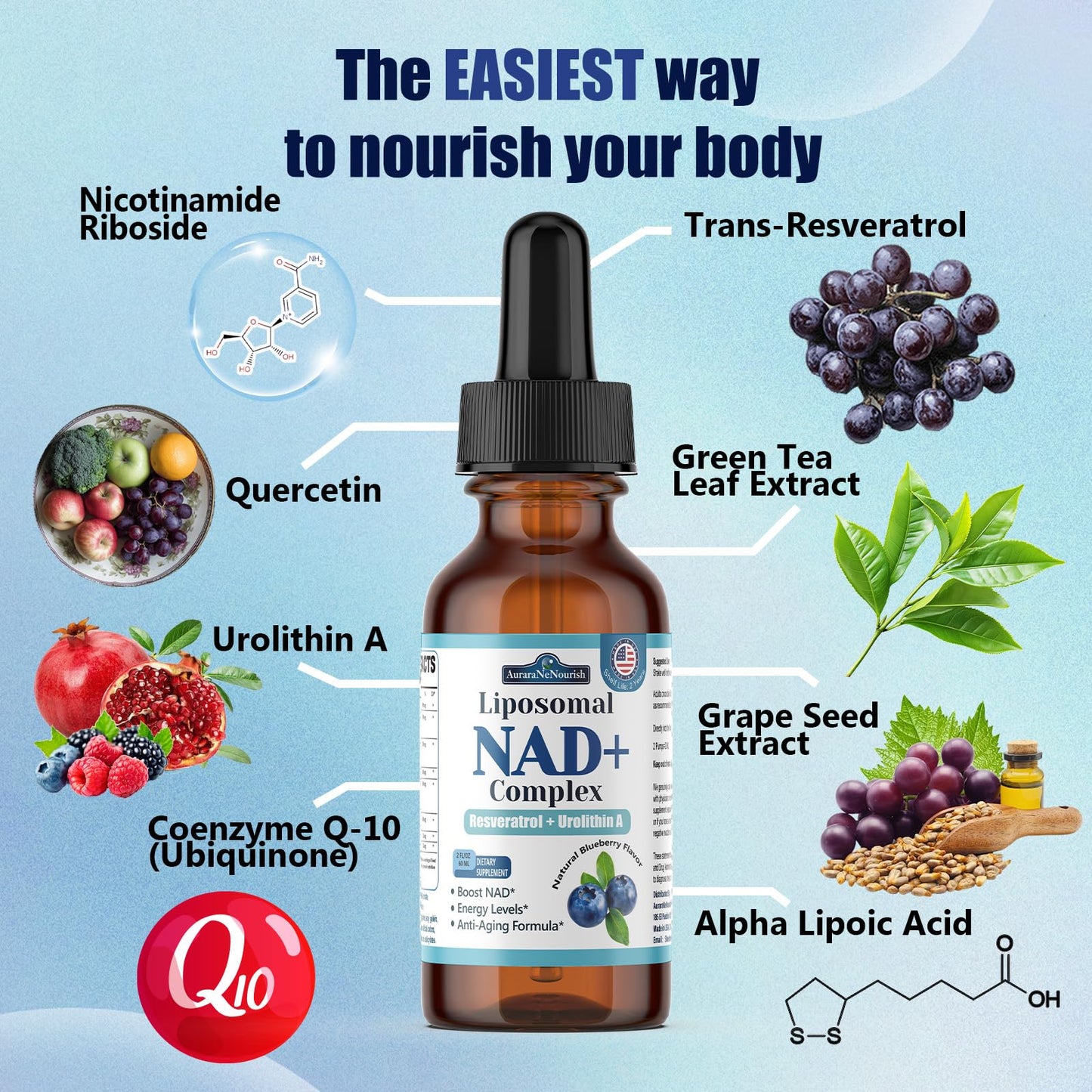 Liposomal NAD+ Liquid Drops, 8-in-1 NAD⁺ Nicotinamide Riboside Resveratrol 900mg w. Quercetin & Urolithin A | Fast Absorption NAD+ Supplement with CoQ10, ALA | Cellular Energy, Anti-Aging, Vitality AuraraNeNourishBuy Supplements Australia