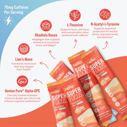 Nello Superfocus – Nootropic Focus Drink Mix for Productivity, Caffeine, L-Theanine, Rhodiola Rosea, Alpha-GPC, Lion’s Mane, Tyrosine, Sugar-Free Packets - With Caffeine (Pack of 20) (20 Servings (Caffeine), Fruit Punch) NelloBuy Supplements Australia