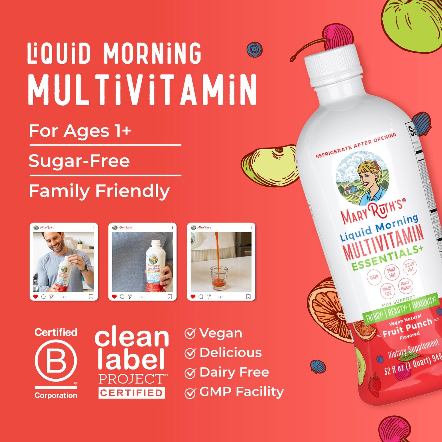 MaryRuth Organics Liquid Morning Multivitamin Essentials+ | Vitamin A C D E B6 B12 Biotin Zinc, Mens Womens Multivitamin, Immune Support, Beauty | Sugar Free | Vitamins for Ages 1+ | Vegan | 32 Fl Oz MARYRUTH'SBuy Supplements Australia