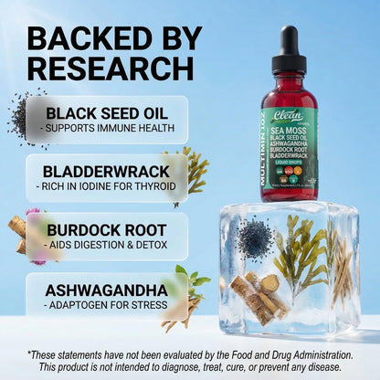 Clean Nutra Organic Sea Moss Drops Supplement | Black Seed Oil Irish Seamoss Ashwagandha Burdock Root & Bladderwrack - Multimineral Liquid Vegan