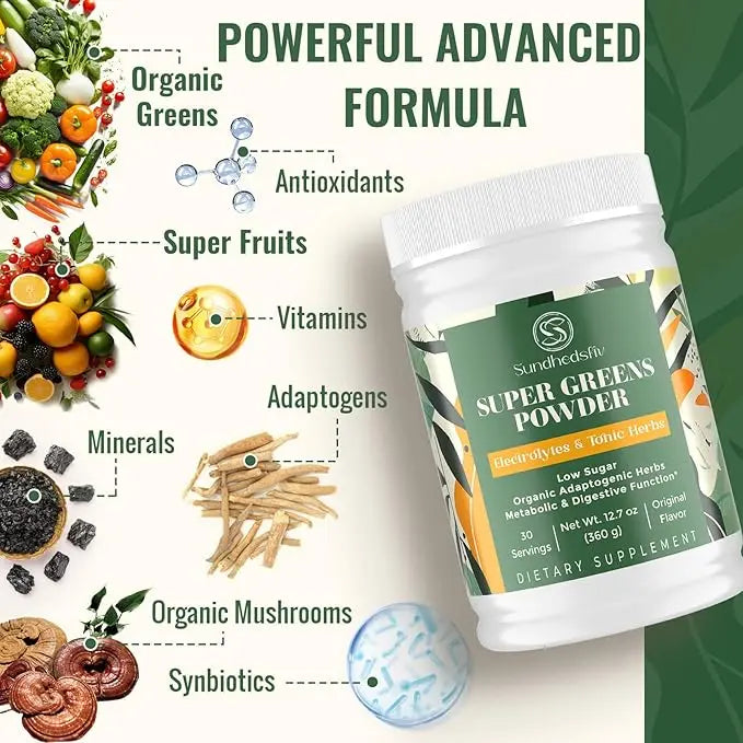 Super Greens Powder Superfood + Electrolytes & Tonic Herbs | Organic Greens, Shilajit, Adaptogens, Antioxidants, Preobiotic & Probiotic & Postbiotic| for Energy, Gut & Immune| Unflavored - 30 Servings Sundhedsliv buy supplements Au