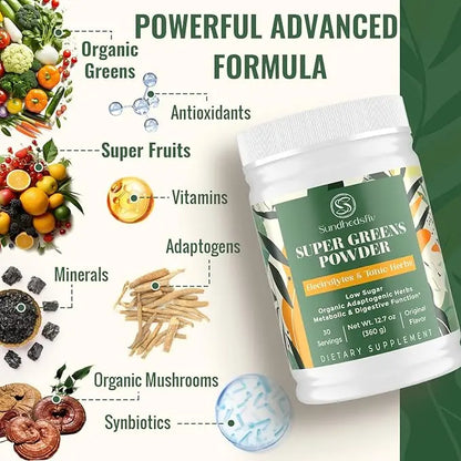 Super Greens Powder Superfood + Electrolytes & Tonic Herbs | Organic Greens, Shilajit, Adaptogens, Antioxidants, Preobiotic & Probiotic & Postbiotic| for Energy, Gut & Immune| Unflavored - 30 Servings Sundhedsliv buy supplements Au