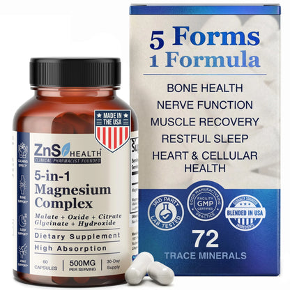Supplement bottle and packaging of Zns Health 5-in-1 Magnesium Complex with text on benefits.