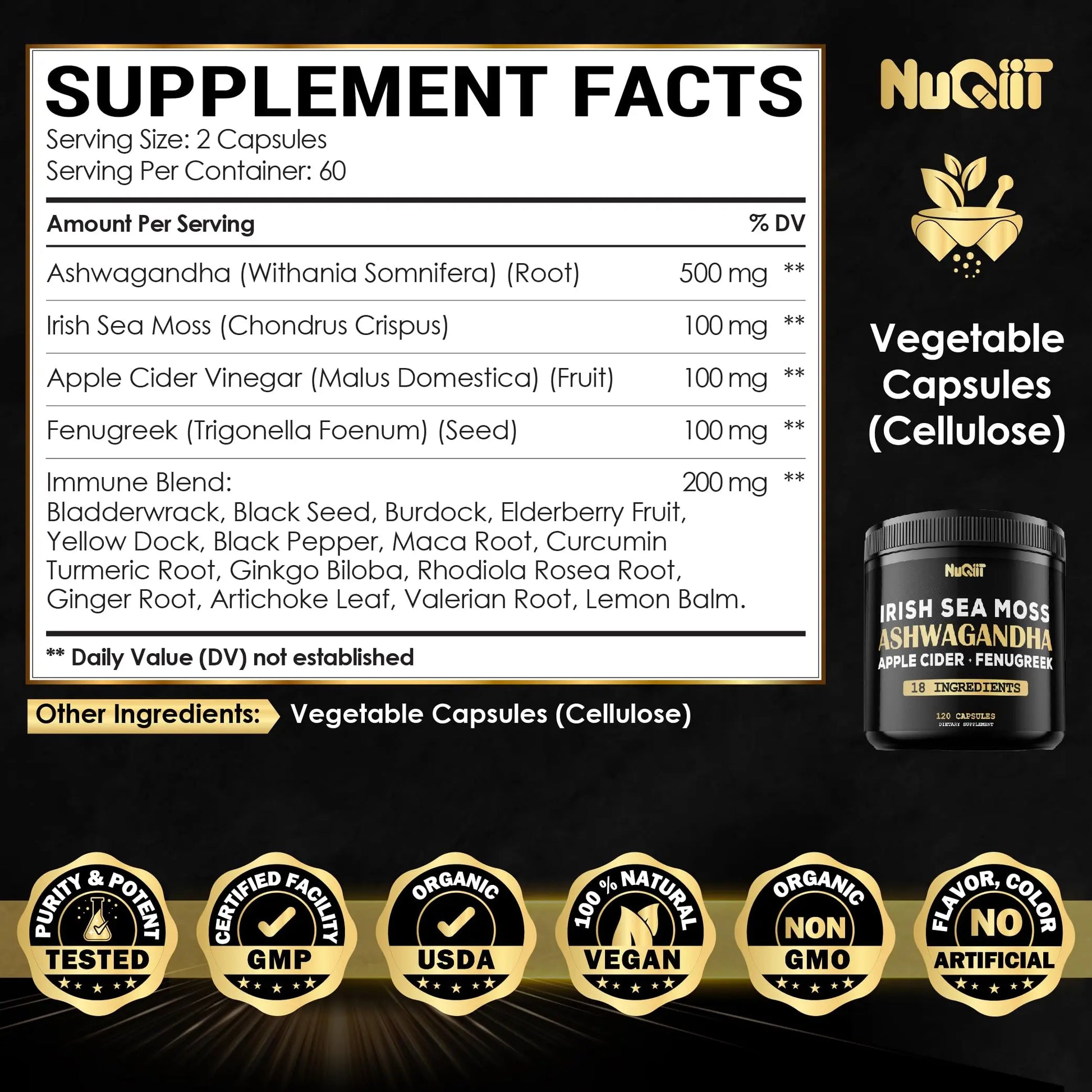 NUQIIT Organic Ashwangdha Capsules 15000mg Irish Sea Moss Apple Cider Vinegar & More - Support Brain Health, Strength & Immune System - 120 Vegan Capsules NUQIIT buy supplements Au