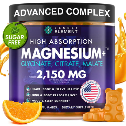 Secret Element Magnesium Glycinate 2150MG Gummies for Women and Men, High Absorption Magnesium Glycinate, Citrate, Malate Gummies for Adults & Kids, Sleep Support Secret Element