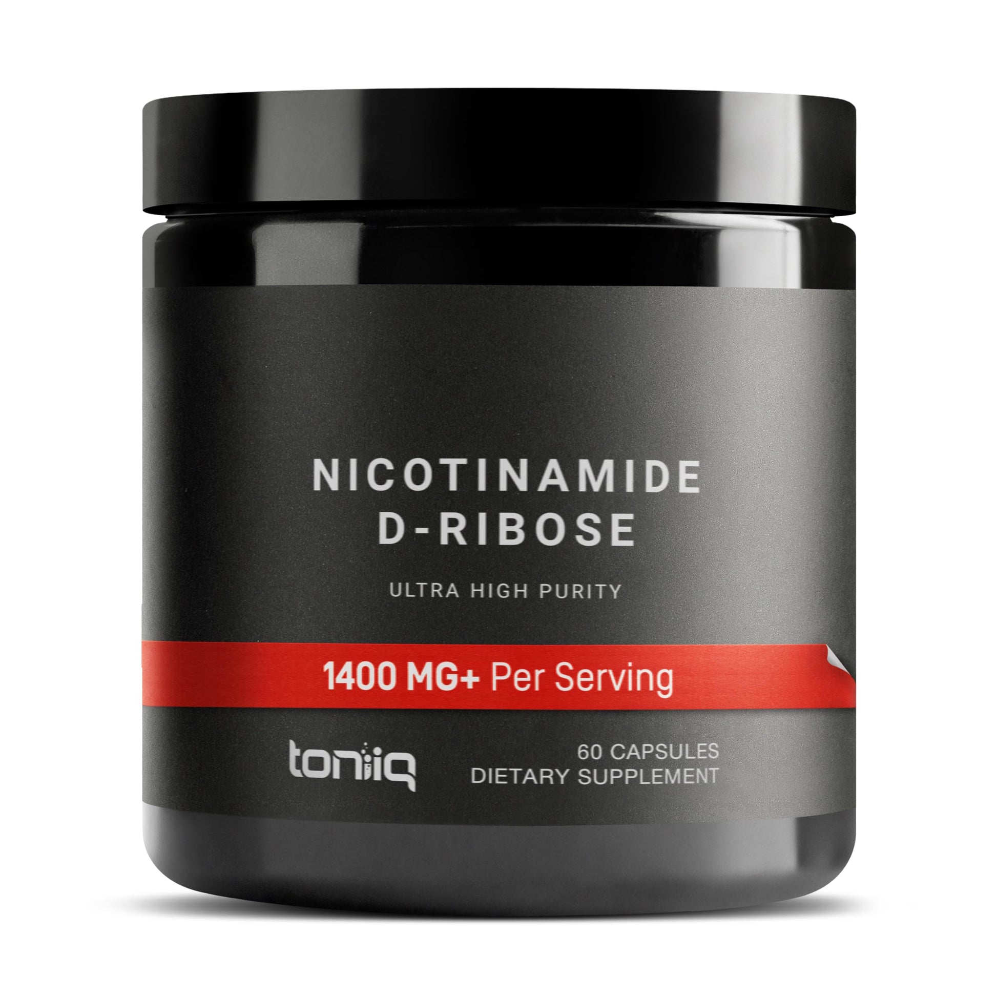 Supplement container labeled 'Nicotinamide D-Ribose' by toniiq on a white background