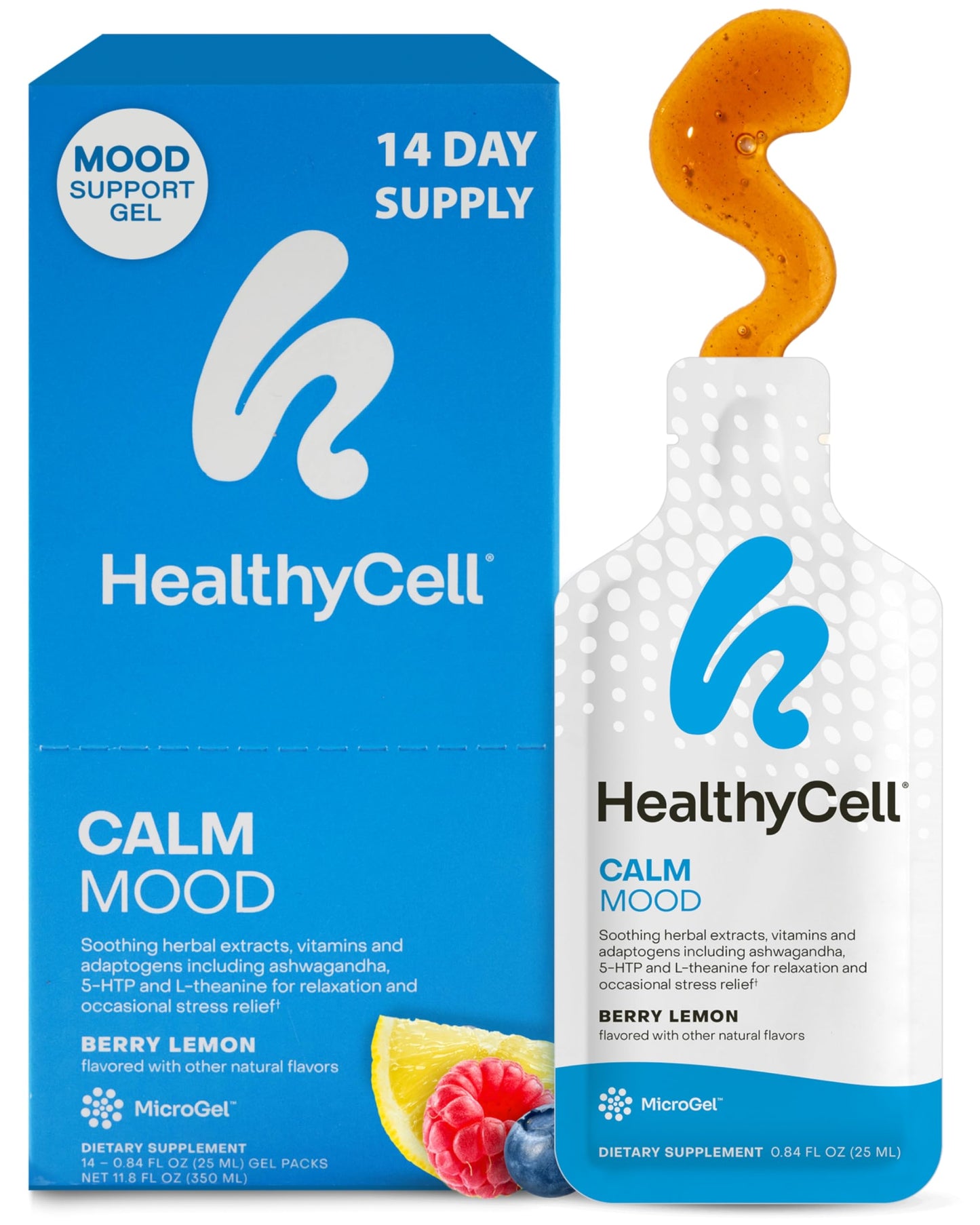Healthycell Calm Mood Daily Liquid Supplement - Cortisol Manager & Mood Support Supplement for Stress with Ashwagandha, L-Theanine, Magnesium, 5-HTP, GABA & Saffron - 14 Gel Packs Healthycell buy supplements Au