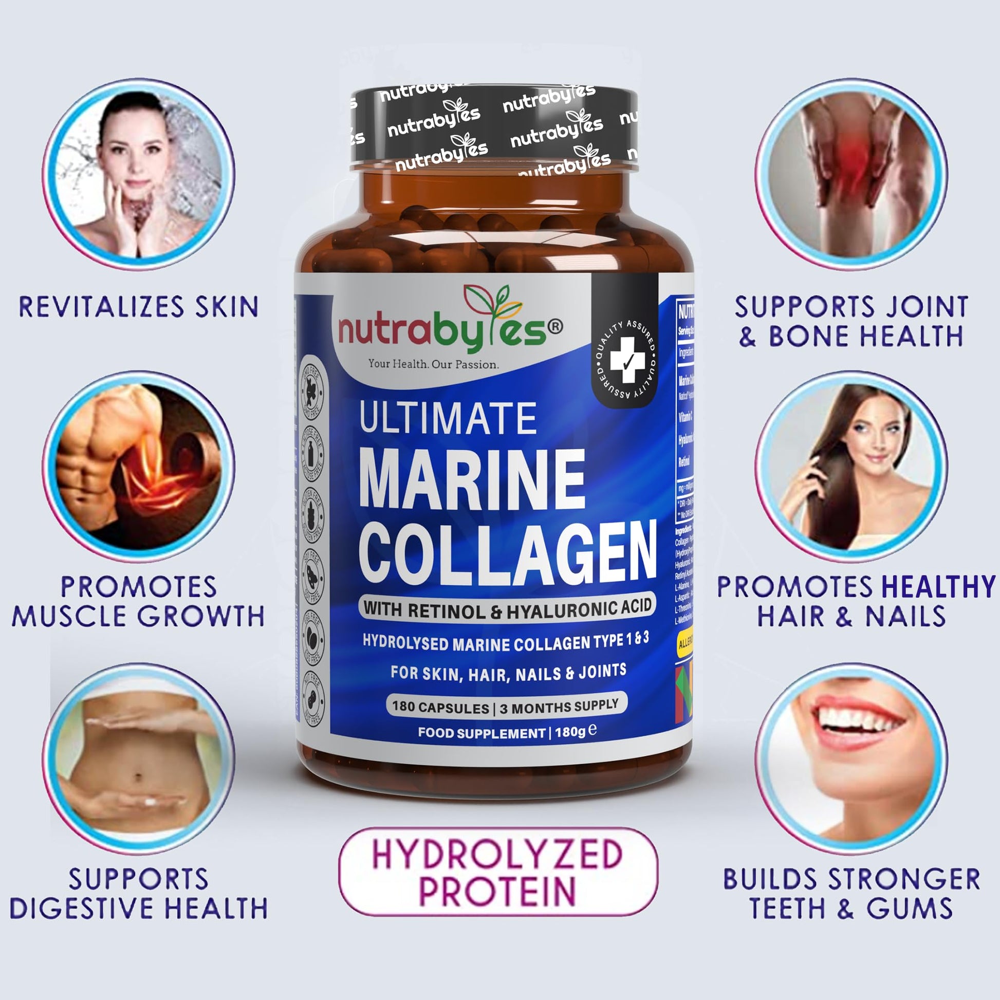 High Strength Marine Collagen with Hyaluronic Acid, Retinol and Vitamin C | 180 Capsules - 3 Months Supply NUTRABYTESBuy Supplements Australia
