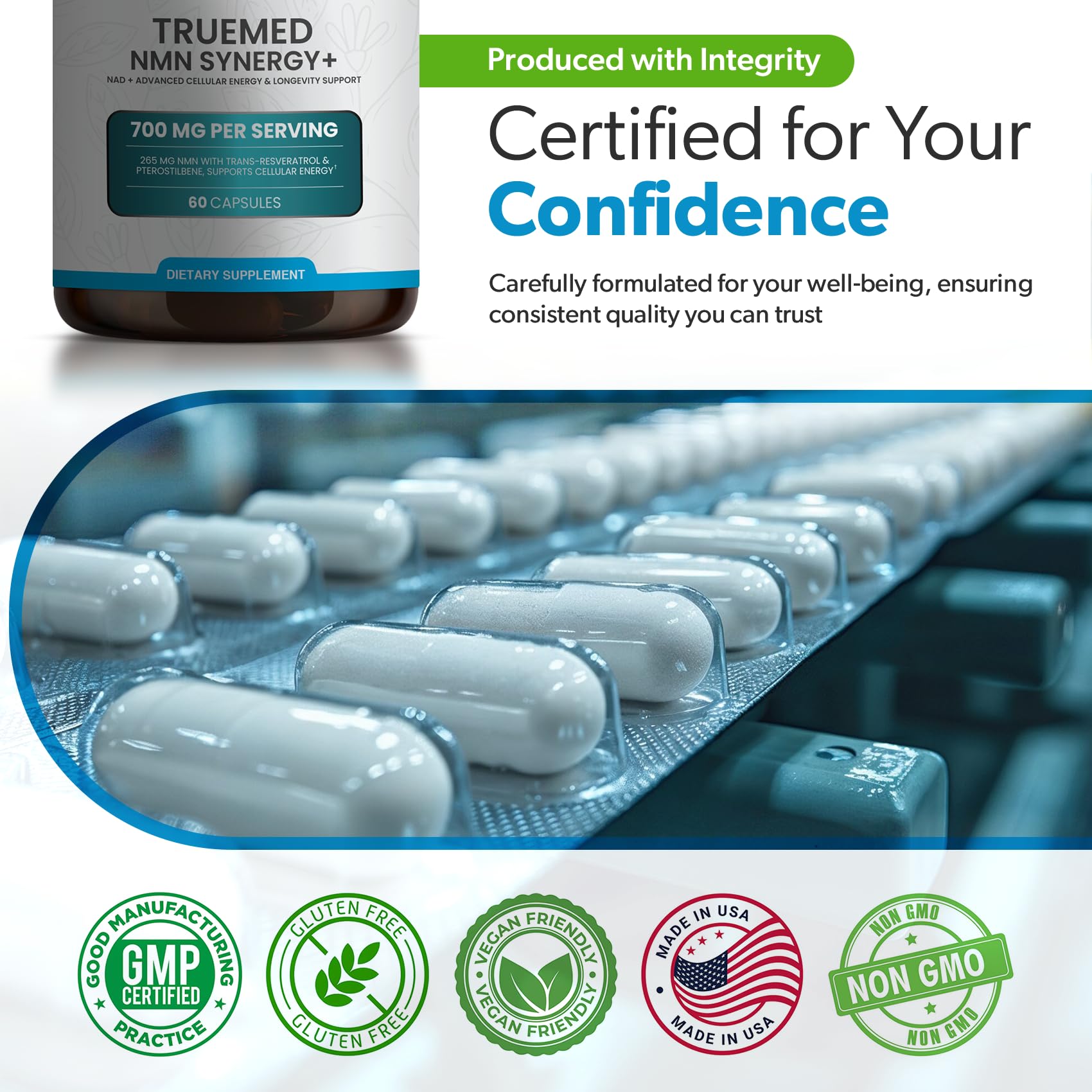 TRUEMED NMN Synergy+ 700mg – Premium NMN Supplement with Resveratrol & Pterostilbene | Advanced NAD+ Supplement for Cellular Energy, & Wellness Support | Non-GMO, Vegan, 60 Capsules TRUEMEDBuy Supplements Australia