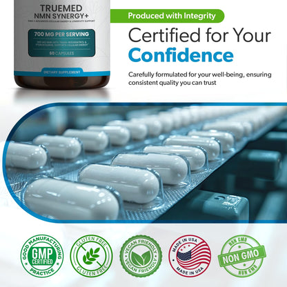 TRUEMED NMN Synergy+ 700mg – Premium NMN Supplement with Resveratrol & Pterostilbene | Advanced NAD+ Supplement for Cellular Energy, & Wellness Support | Non-GMO, Vegan, 60 Capsules TRUEMEDBuy Supplements Australia