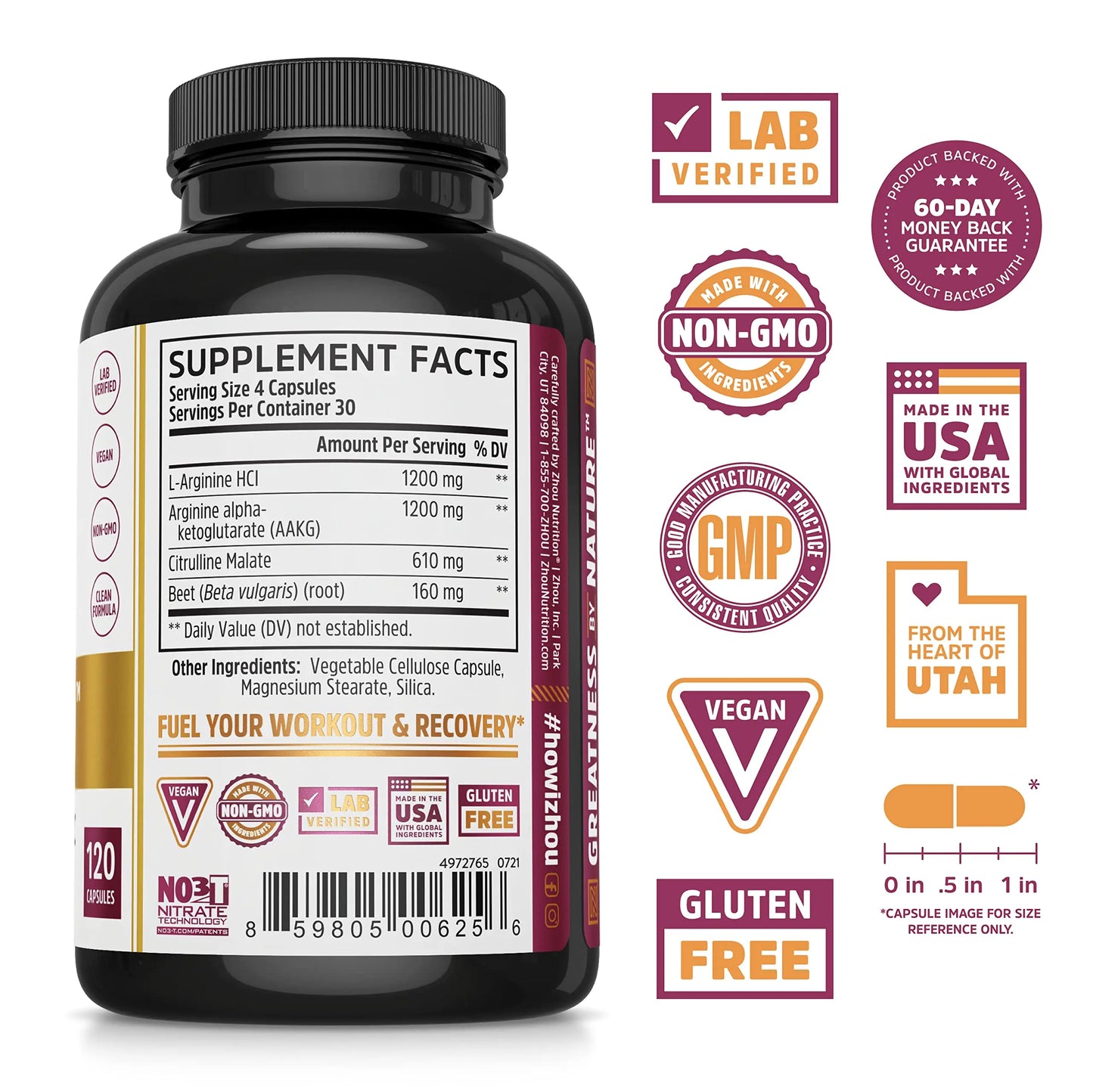 Zhou Nitric Oxide with L Arginine, Citrulline Malate, AAKG and Beet Root | Powerful N.O. Zhou Nutrition