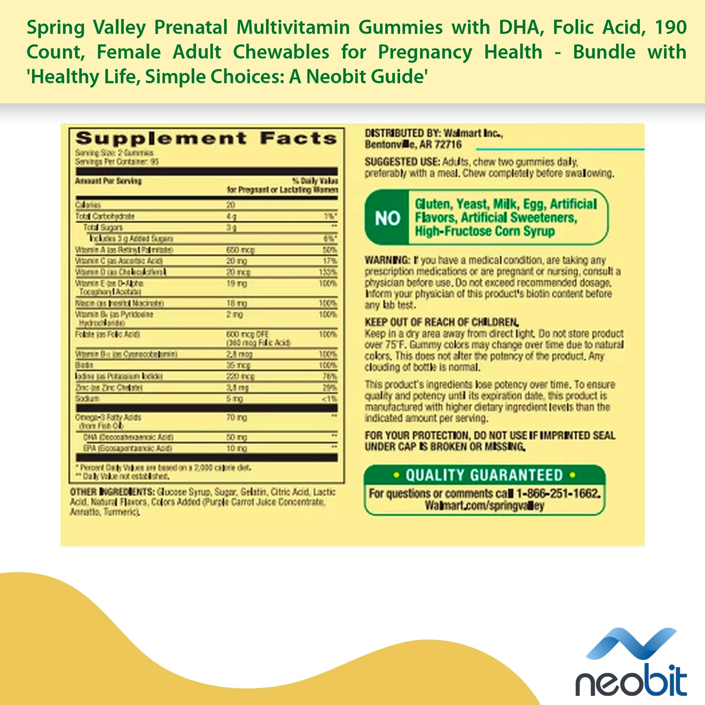 Spring Valley Prenatal Multivitamin Gummies with DHA, Folic Acid, 190 Count, Female Adult Chewables Neobit